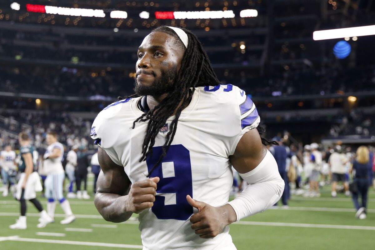 FILE - In this Monday, Sept. 27, 2021, file photo, Dallas Cowboys linebacker Jaylon Smith leaves the field after an NFL football game against the Philadelphia Eagles in Arlington, Texas. The Cowboys are moving on from Smith without getting into the specifics of the decision to release their leading returning tackler four games into 2021. (AP Photo/Roger Steinman, File)