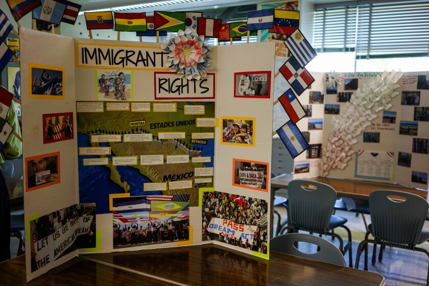 A student’s project on display at Camino Nuevo Charter Academy Miramar Campus in Los Angeles.