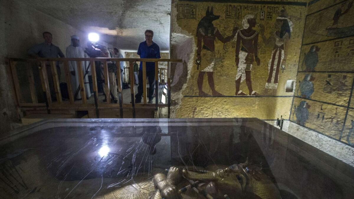 The golden sarcophagus of King Tutankhamen in his burial chamber at the Valley of the Kings in 2015.