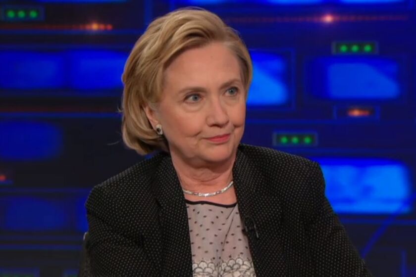 Former Secretary of State Hillary Rodham Clinton discusses foreign policy and jokes about a possible new "office" on "The Daily Show" on July 16.