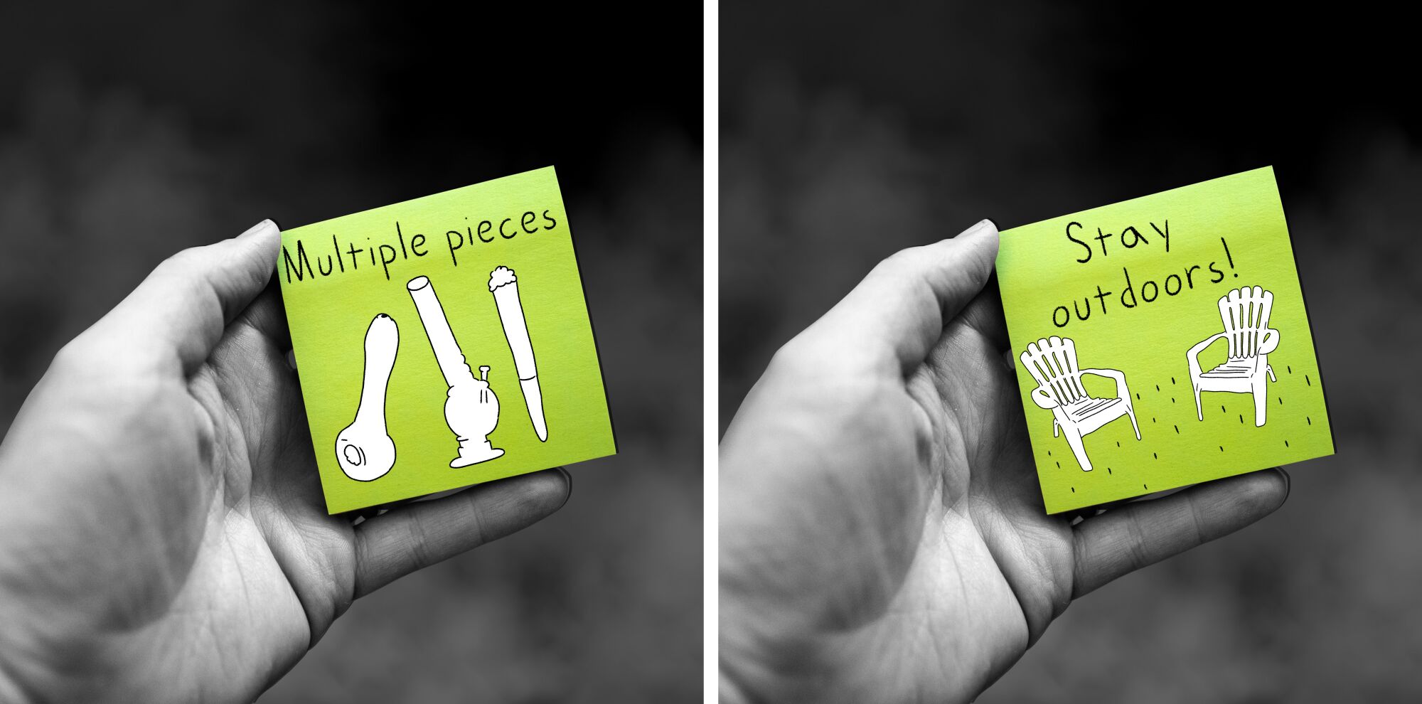 A sticky note says "multiple pieces." Another sticky note says "stay outdoors!"