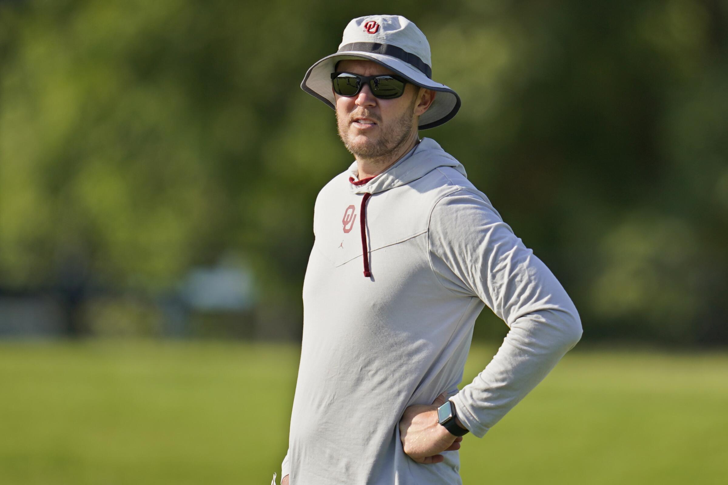 Oklahoma coach Lincoln Riley watches during practice Aug. 10 in Norman, Okla.