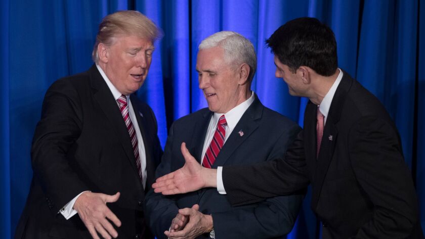 President Donald Trump, Vice President Mike Pence and House Speaker Paul Ryan engage in a not-too-awkward greeting at Thursday's Republican retreat in Philadelphia.