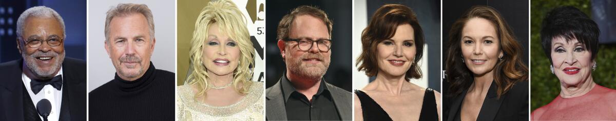 This combination photo of celebrities with birthdays from Jan. 17-23 shows James Earl Jones, from left, Kevin Costner, Dolly Parton, Rainn Wilson, Geena Davis, Diane Lane and Chita Rivera. (AP Photo)