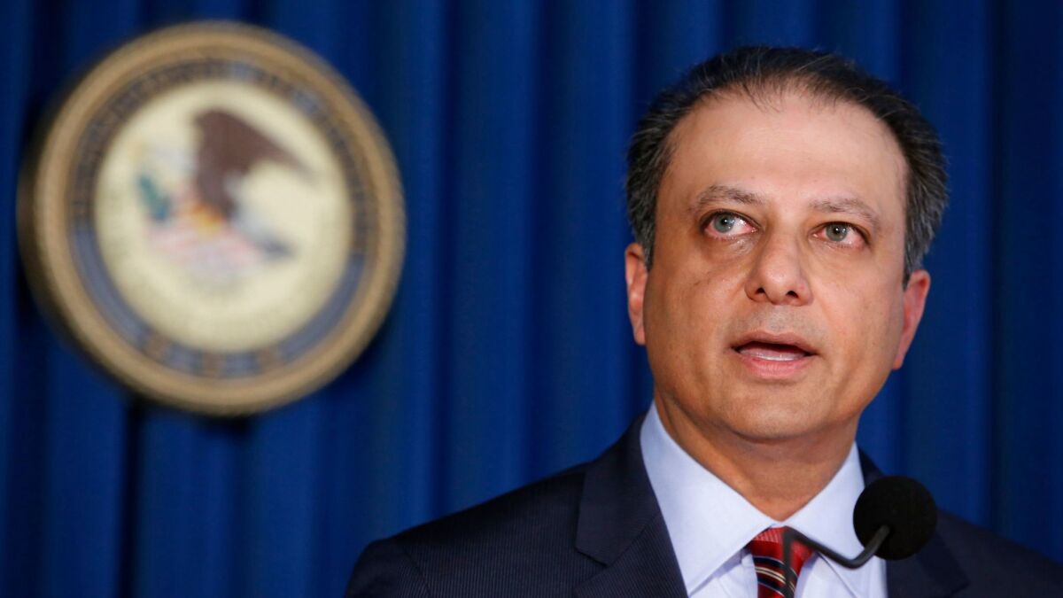 U.S. Atty. Preet Bharara speaks at a news conference in New York. The Manhattan federal prosecutor known for crusading against public corruption said he was fired after refusing to resign.