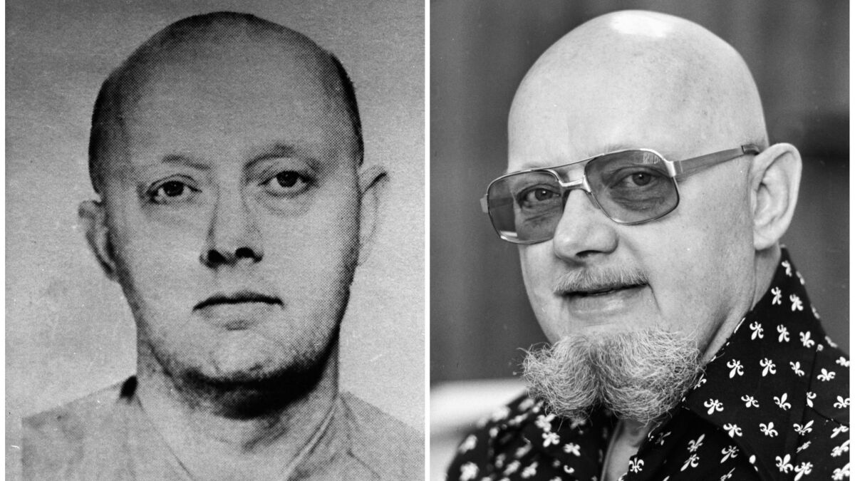 Benjamin Hoskins Paddock, Stephen Paddock’s father, is shown in an FBI wanted poster from the 1960s, left, and in an image from 1977, when he was on the lam in Oregon after escaping from a Texas federal prison and adopting the alias Bruce Ericksen.