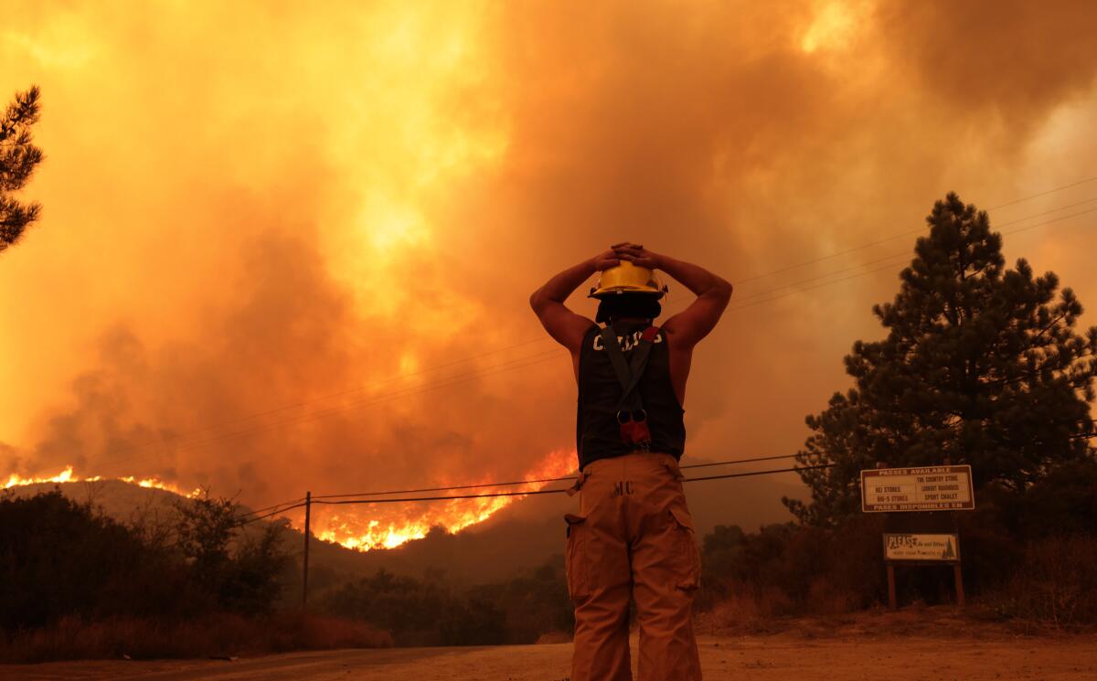 A resident stops to watch the Airport Fire burn near his home in the Santa Ana Mountains.