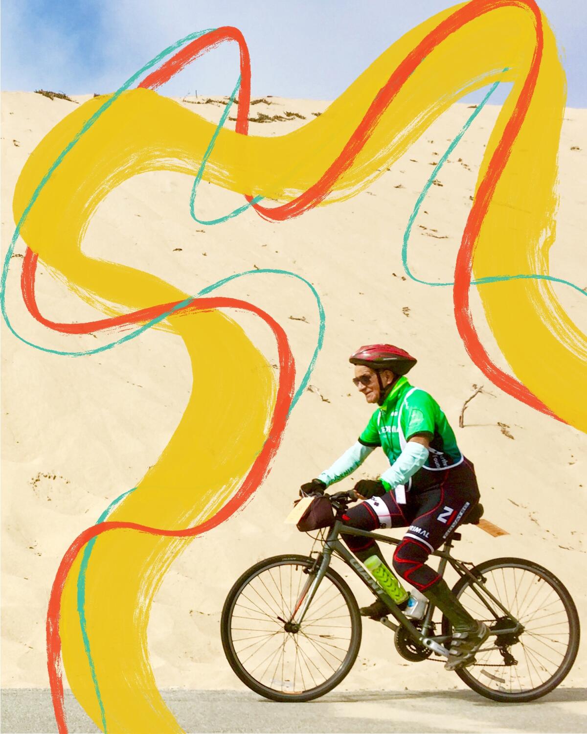 A cyclist cruises past the sand dunes near Monterey, Calif.