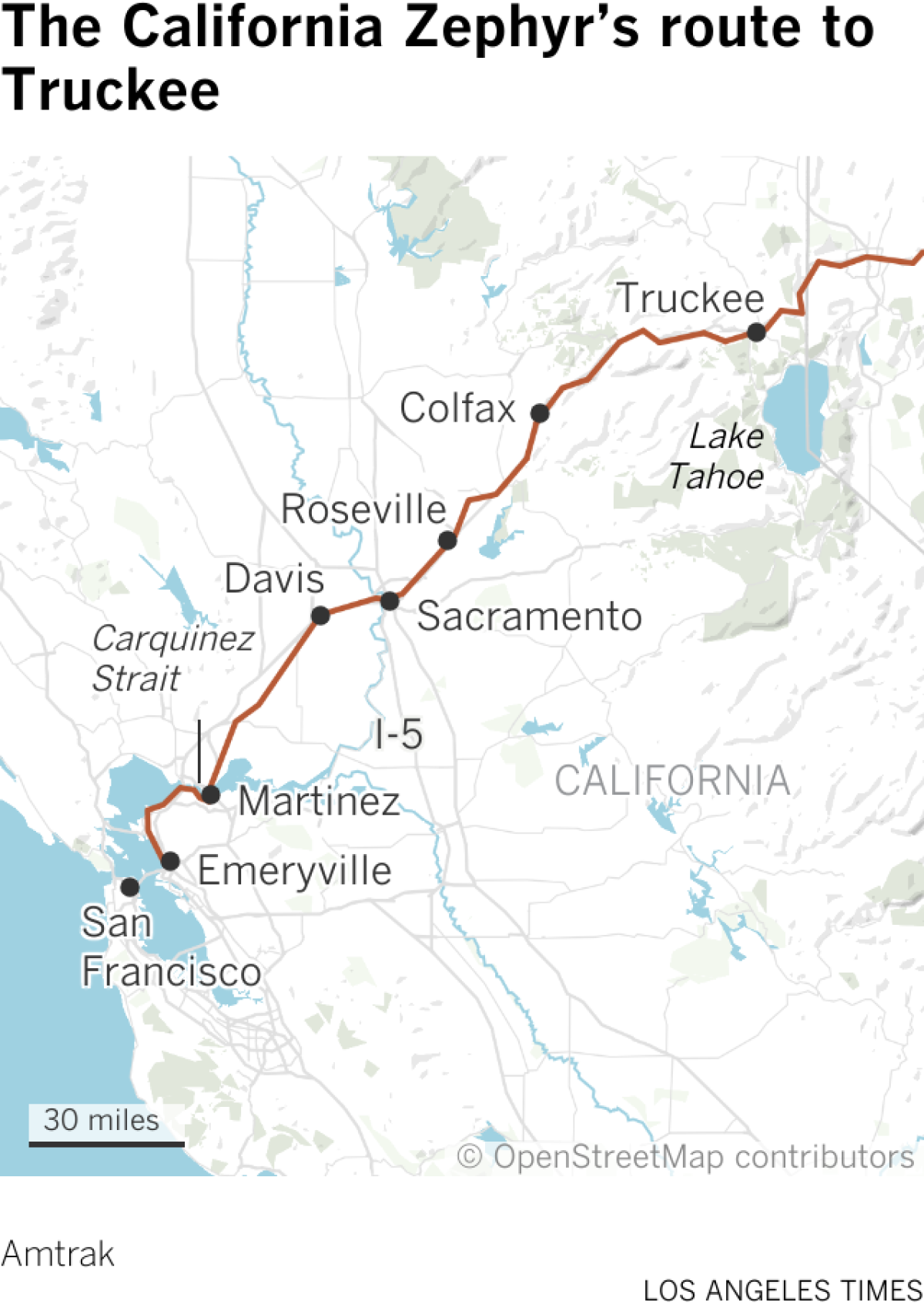 Map shows the route of Amtrak's California Zephyr from Emeryville through Truckee, north of Lake Tahoe.