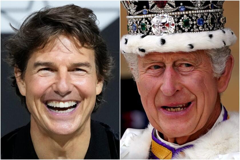 A split image of Tom Cruise smiling and King Charles III wearing his crown