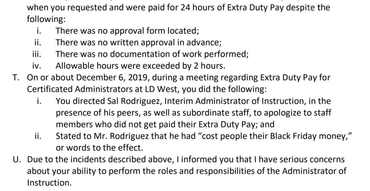 An excerpt from the disciplinary memo issued to administrator Karen Long.