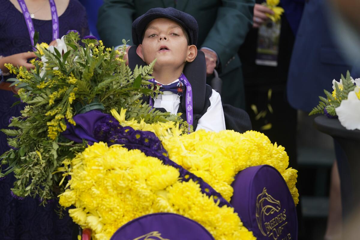 Cody Dorman wears the winner's flower sash after Cody's Wish's win in the Breeders' Cup Dirt Mile.