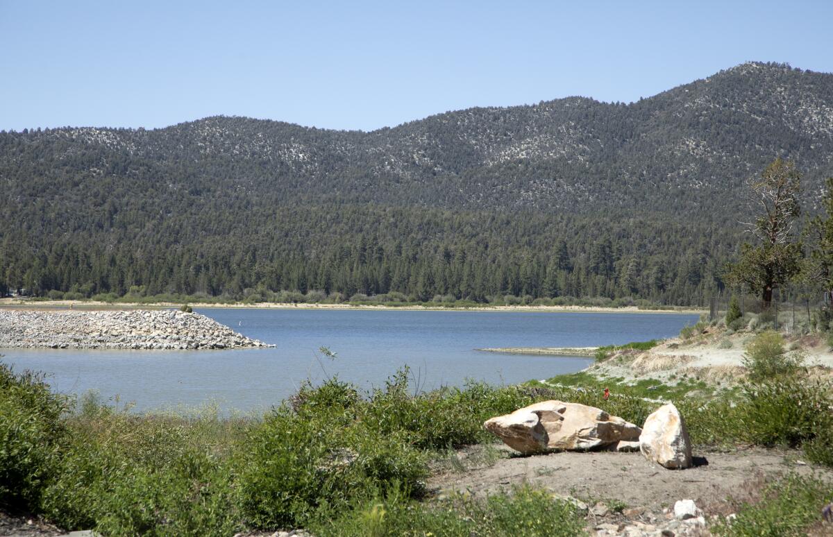 A lake and green mountains.