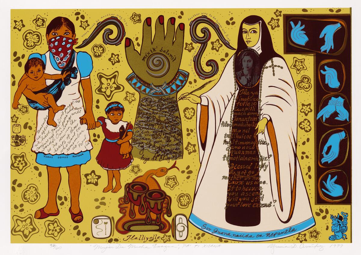 An elaborate collage of images shows poet Sor Juana Ines de la Cruz and a masked Indigenous woman with her children