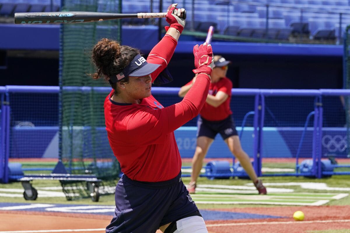U.S. pitcher Rachel Garcia bats during a practice session in Yokohama, Japan, on Friday.