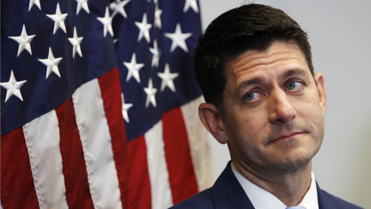 House Speaker Paul D. Ryan attends a news conference earlier this week on Capitol Hill.