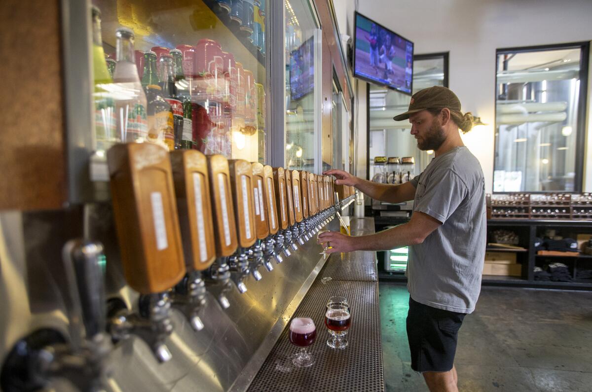 Patch O'Brien pours a beer in the tasting room at the Bruery in Placentia on Aug. 2.