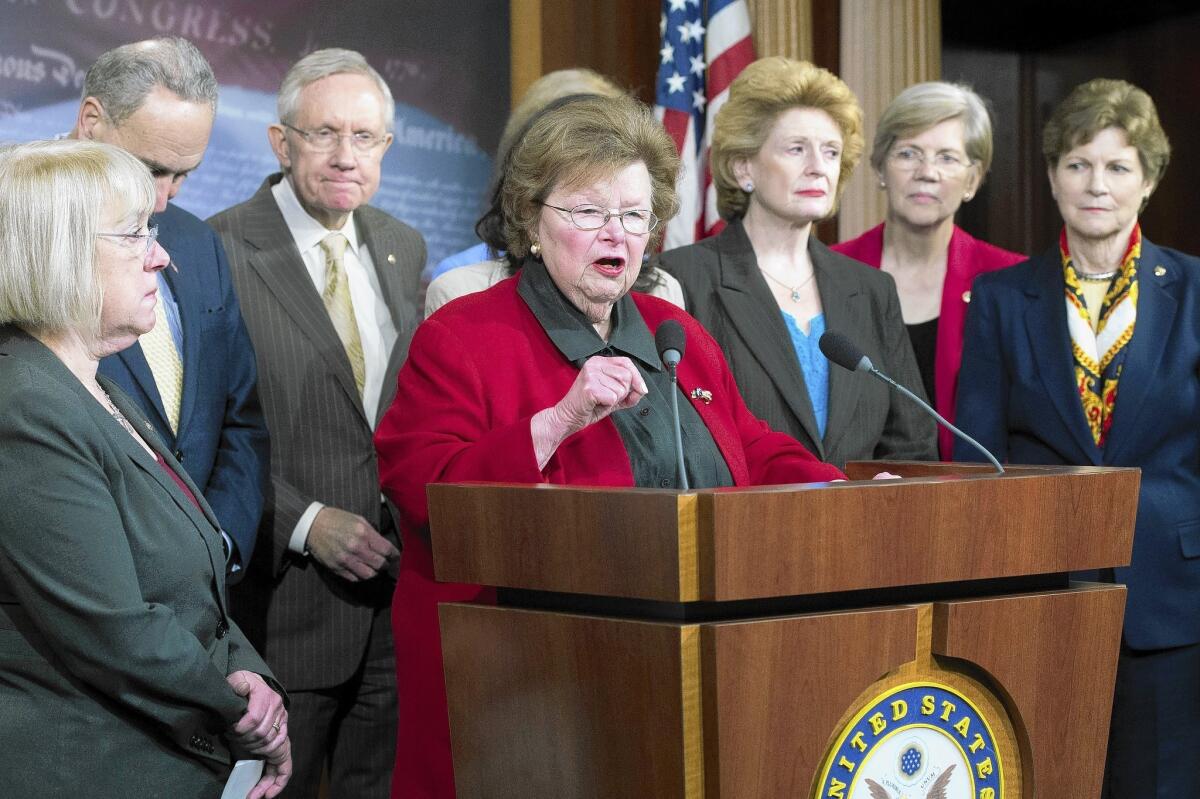 Sen. Barbara Mikulski (D-Md.) delivers remarks beside some of her colleagues at a news conference after the Senate failed to pass the Paycheck Fairness Act last week.