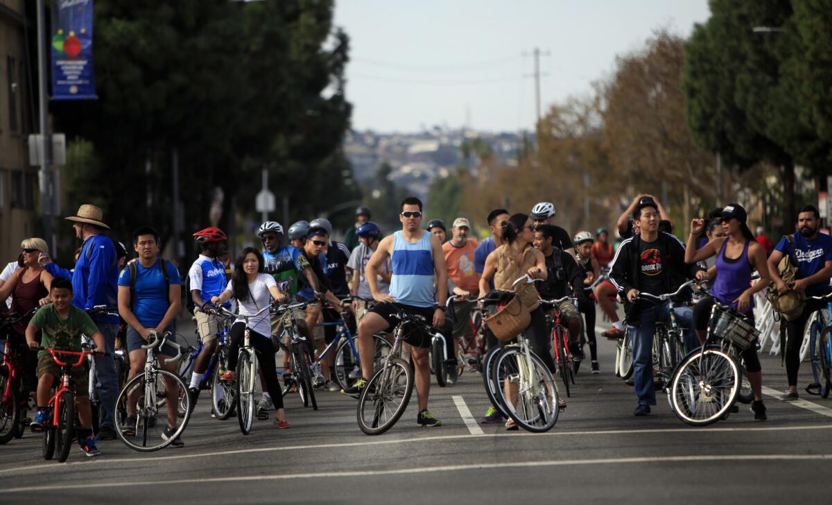 Cyclists in Los Angeles' 11th CicLAvia in December. The event comes to the San Fernando Valley for the first time this weekend.