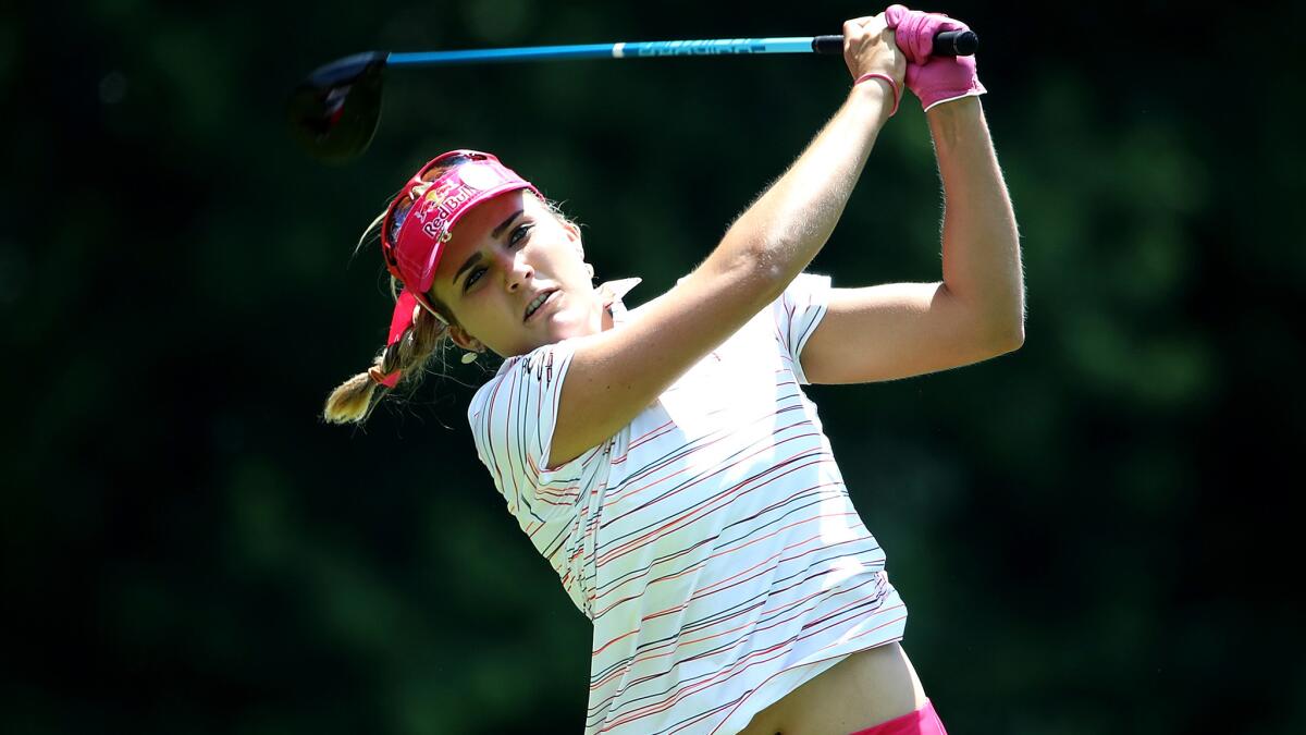 Lexi Thomposon tees off at No. 5 during the second round of the Meijer LPGA Classic on Friday at Blythefield Country Club.