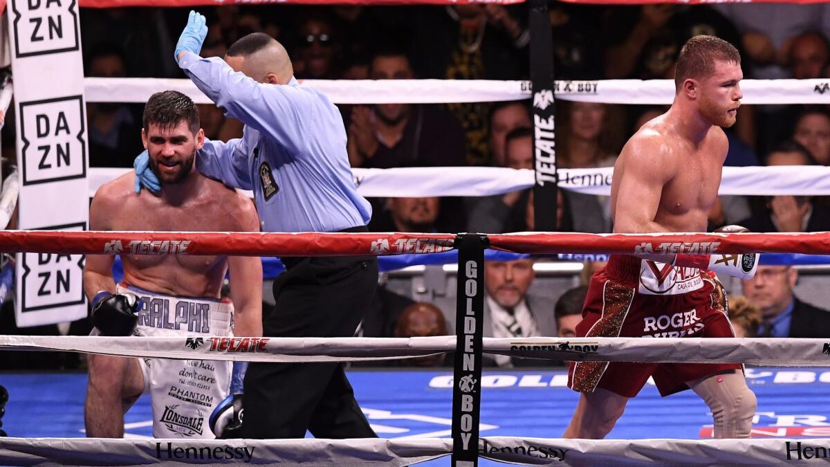 Canelo Alvarez reacts after the technical knock out of Rocky Fielding.