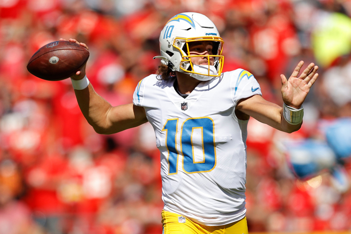 Chargers quarterback Justin Herbert throws against the Kansas City Chiefs in September.