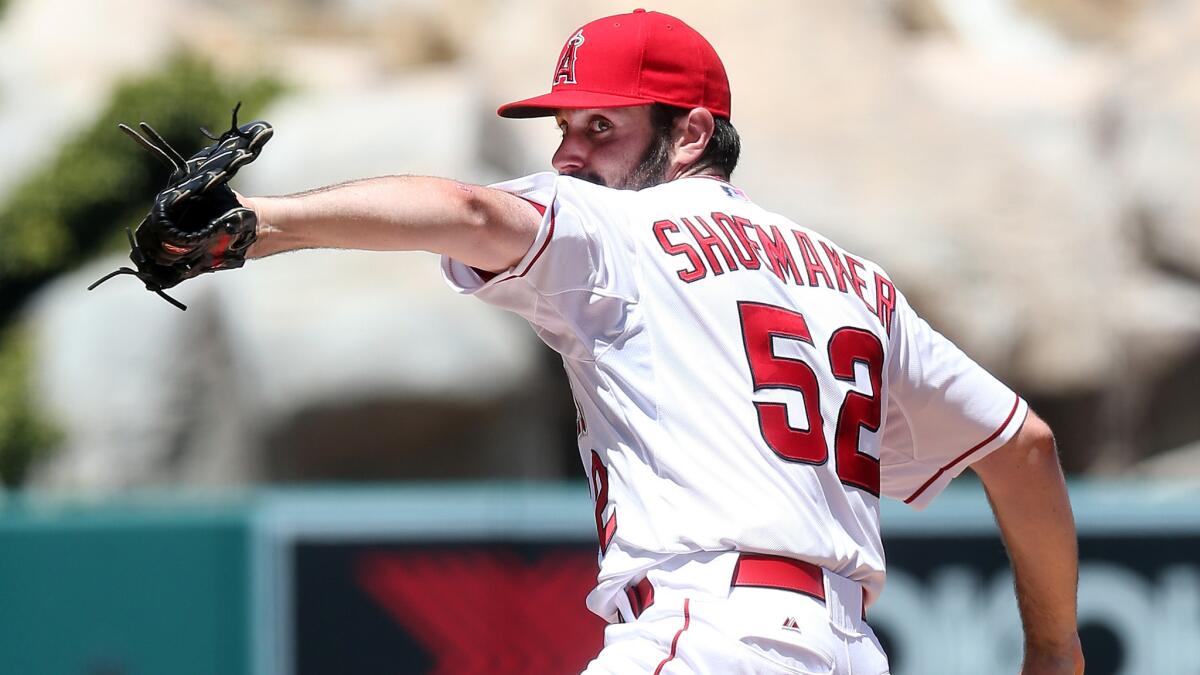 Angels starter Matt Shoemaker delivers a pitch during the team's 6-2 win over the Tampa Bay Rays on Sunday afternoon.
