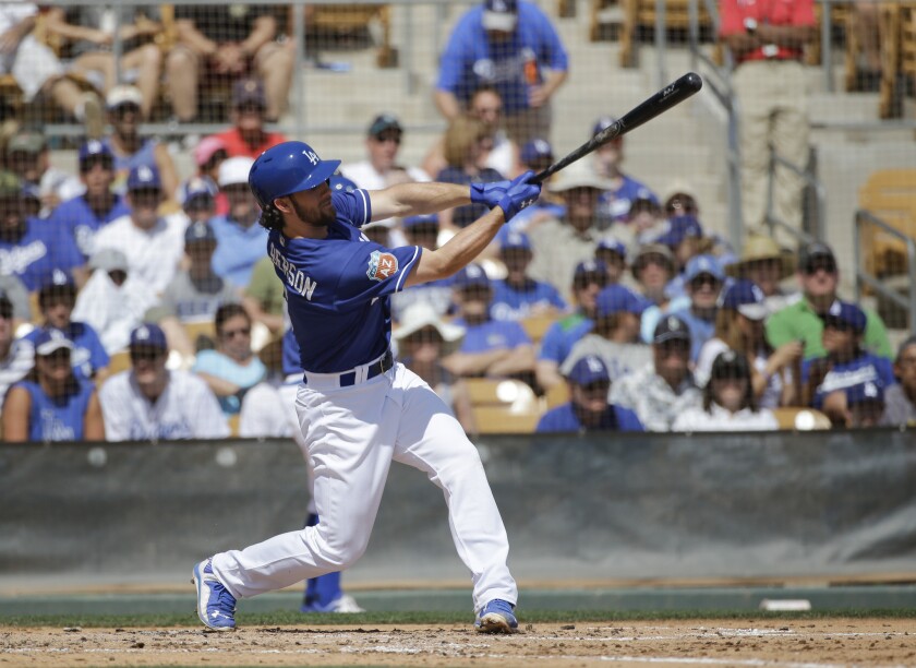 The Dodgers' Charlie Culberson is at bat during a spring training game against the Seattle Mariners on March 21, 2016, in Phoenix.