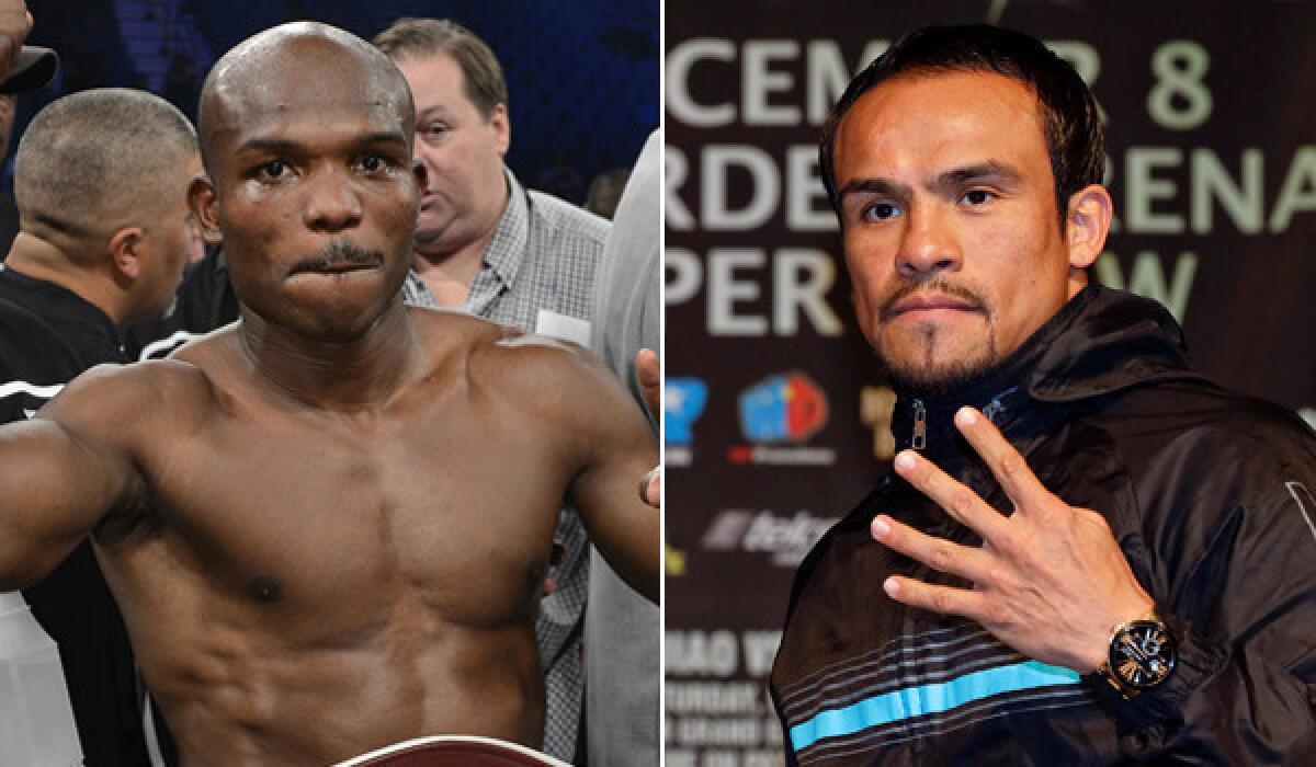 Timothy Bradley, left, says he won't fight Juan Manuel Marquez, right, if his opponent doesn't agree to drug testing.