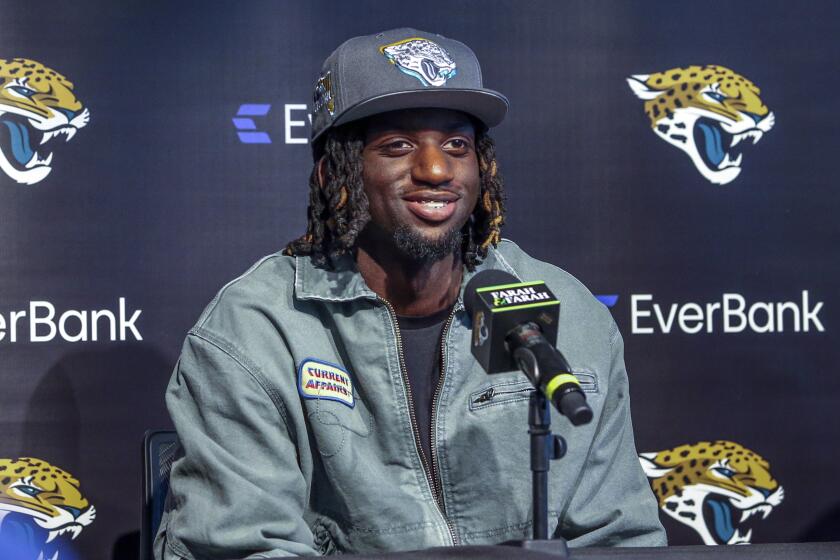 Jacksonville Jaguars first-round draft pick wide receiver Brian Thomas Jr. answers questions during an NFL football press conference, Friday, April 26, 2024, in Jacksonville, Fla. (AP Photo/Gary McCullough)