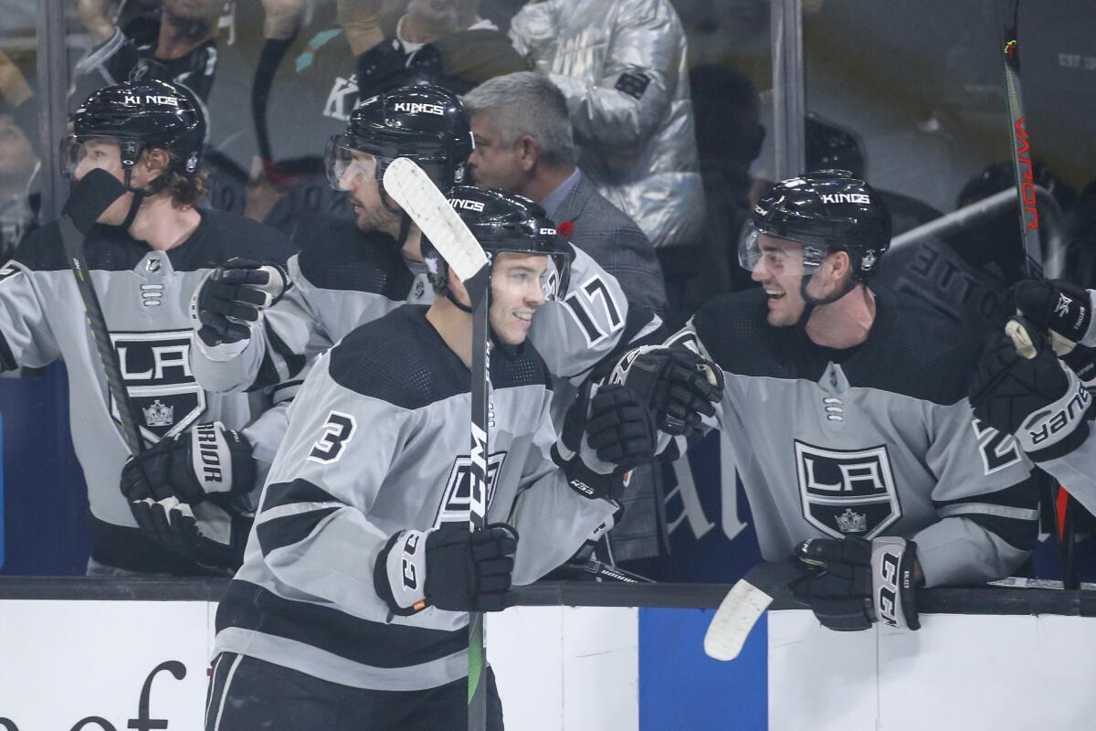 Kings defenseman Matt Roy (3) celebrates his goal the Blackhawks on Nov. 2.