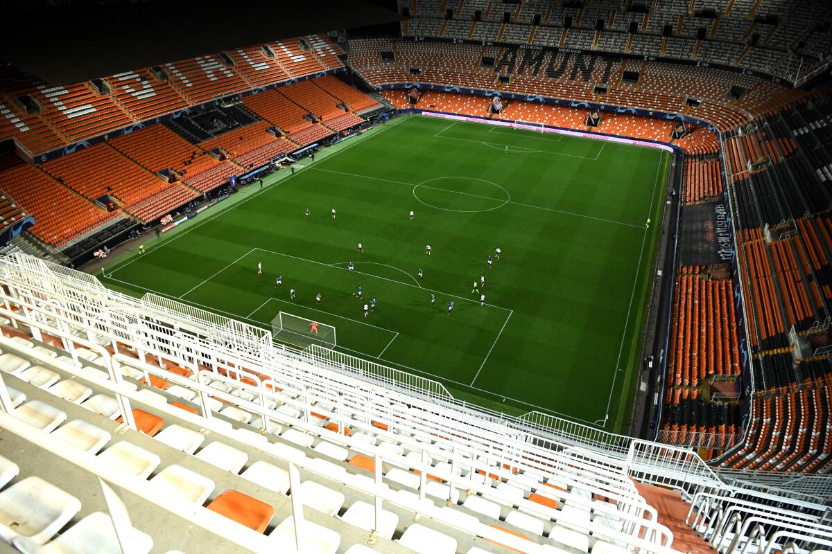 A general view of the UEFA Champions League round of 16 second leg match between Valencia CF and Atalanta BC in Valencia on Tuesday.