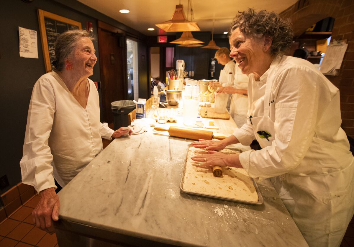 Retired pastry chef LIndsey Shere, left, talks with pastry chef Mary Jo Thorensen