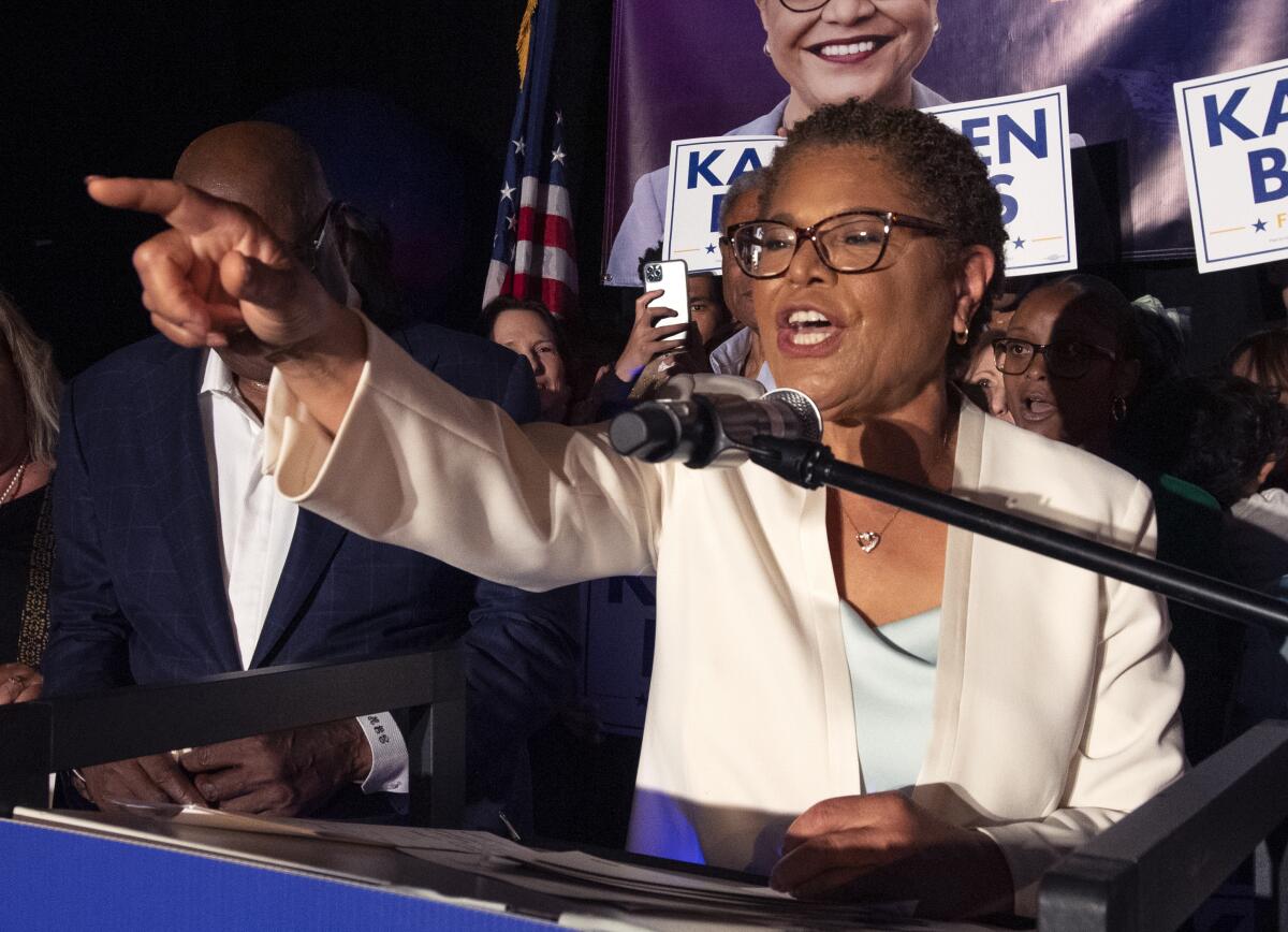 FILE - Rep. Karen Bass, D-Calif., speaks during her primary-night party June 7, 2022, in Los Angeles. Police arrested two men in connection with a burglary at the Los Angeles home of Bass last week, authorities said Wednesday, Sept. 14. The men were arrested Tuesday after investigators saw them get into a vehicle that had been parked at the home during the burglary. (AP Photo/John McCoy, File)