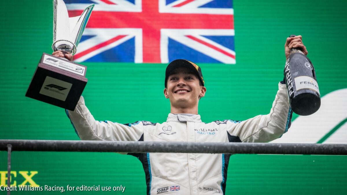 George Russell celebrates 2nd place at the 2021 Belgian GP
