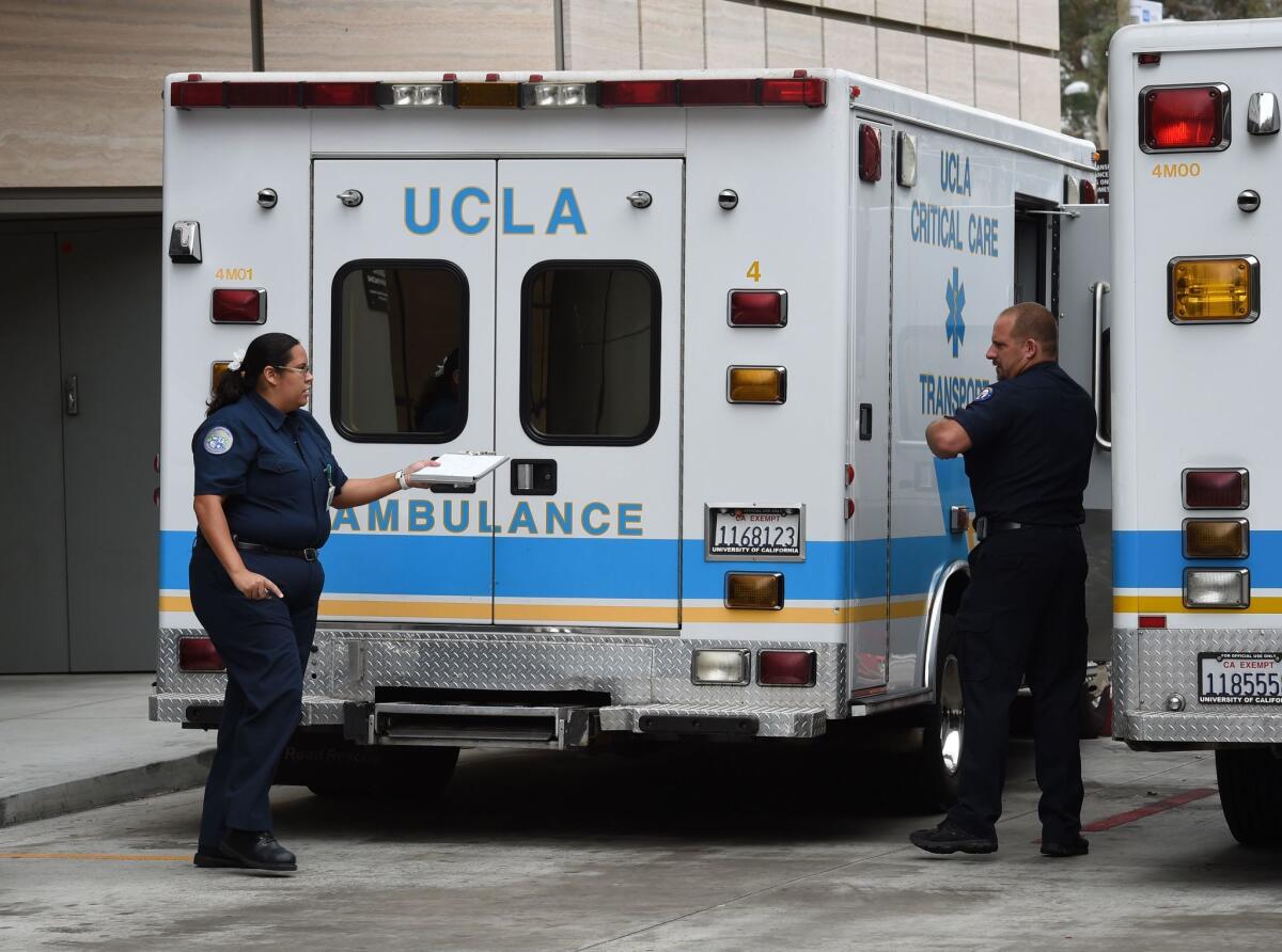 Ambulance staff at the Ronald Reagan UCLA Medical Center took part in an Ebola virus readiness drill on Oct. 17. One week later, the hospital and four other UC medical centers were designated as priority hospitals to treat Ebola patients in California.