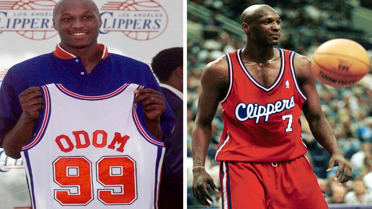 Left: Lamar Odom holds up a Los Angeles Clippers jersey with his name on it during a Clippers news conference July 1, 1999. Right: Rookie Odom is seen during a game against the Phoenix Suns on Oct. 19, 1999.