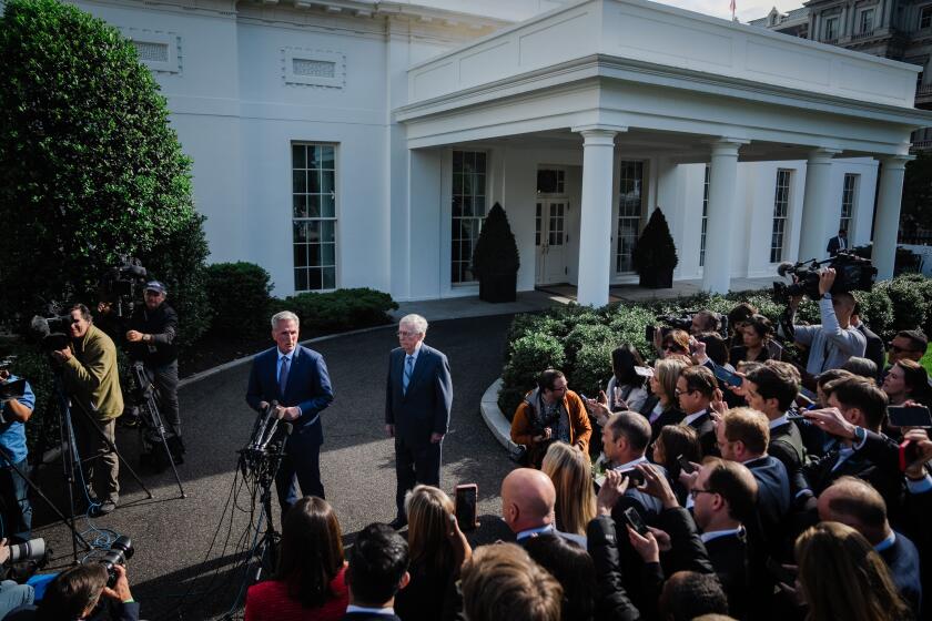 WASHINGTON, DC - MAY 09: Speaker of the House Kevin McCarthy (R-CA) and Senate Minority Leader Mitch McConnell (R-KY) speak to reporters after meeting with President Joe Biden and Senate Majority Leader Charles E. Schumer (D-NY) and House Minority Leader Hakeem Jeffries (D-NY) at the White House on Tuesday, May 9, 2023 in Washington, DC. (Kent Nishimura / Los Angeles Times)