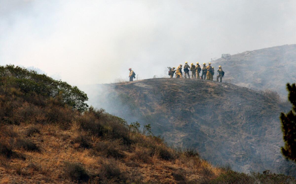 Firefighters make their way to the top of hill to battle a brush fire above Brand Park on Sunday, June 22, 2014.