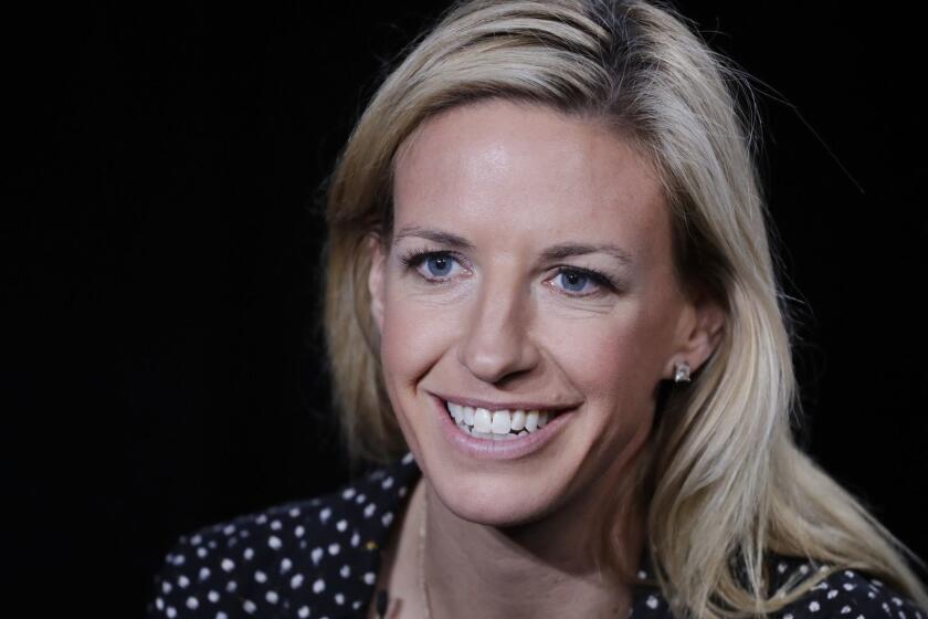Aly Wagner talks during an interview, Wednesday, May 30, 2018, in New York. Fox's Aly Wagner and Telemundo's Viviana Vila are the first in-match analysts on U.S. broadcast television for soccer's showcase, the FIFA World Cup. BBC's Vicki Sparks is making a similar breakthrough in Britain, as is ZDF's Claudia Neumann in Germany. Meanwhile, Kate Abdo is Fox's start-of-the-day studio show anchor in Red Square (AP Photo/Mark Lennihan)
