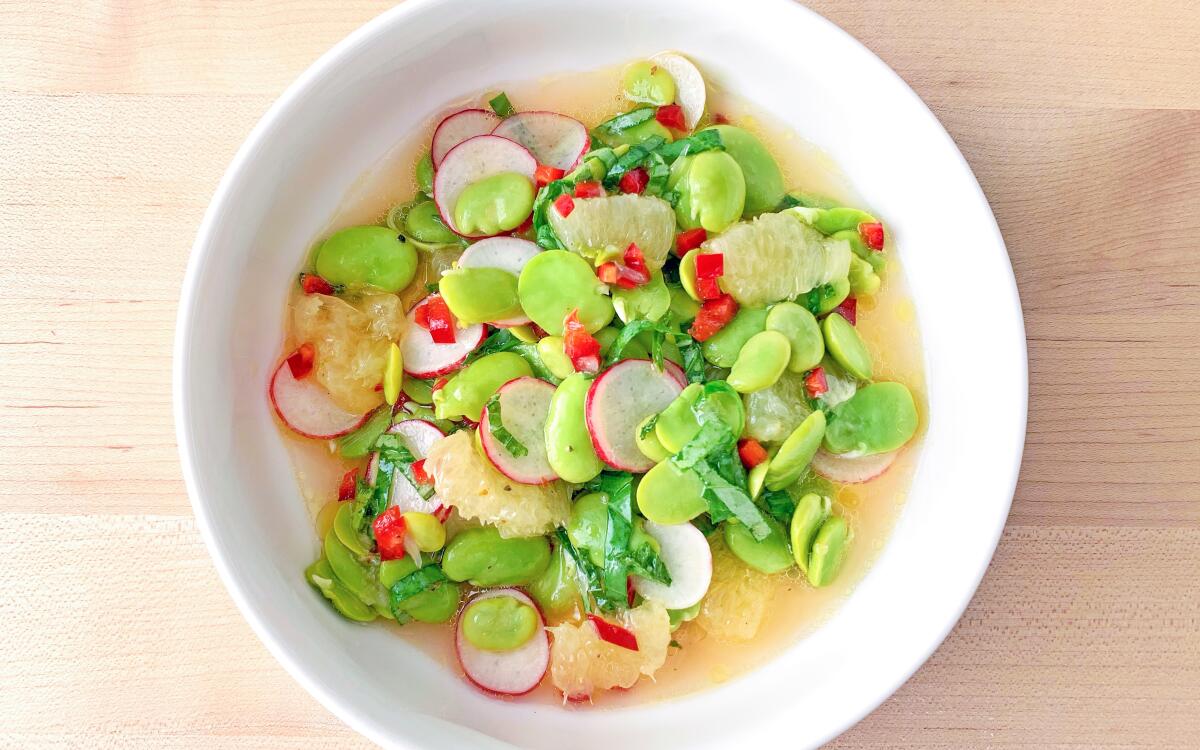 Fresh Fava “Ceviche” with Grapefruit and Chile.