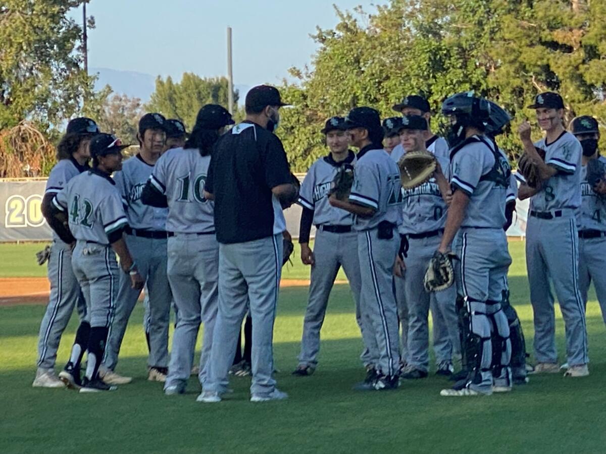Granada Hills baseball players before game with Birmingham on May 13, 2021.