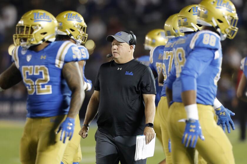 PASADENA,, CALIF. - OCT. 5, 2019. UCLA head coach Chip Kelly on the sidelines against Oregon State in the fdourth quarter at the Rose Bowl in Pasadena on Saturday night, Oct. 5, 2019. (Luis Sinco/Los Angeles Times)
