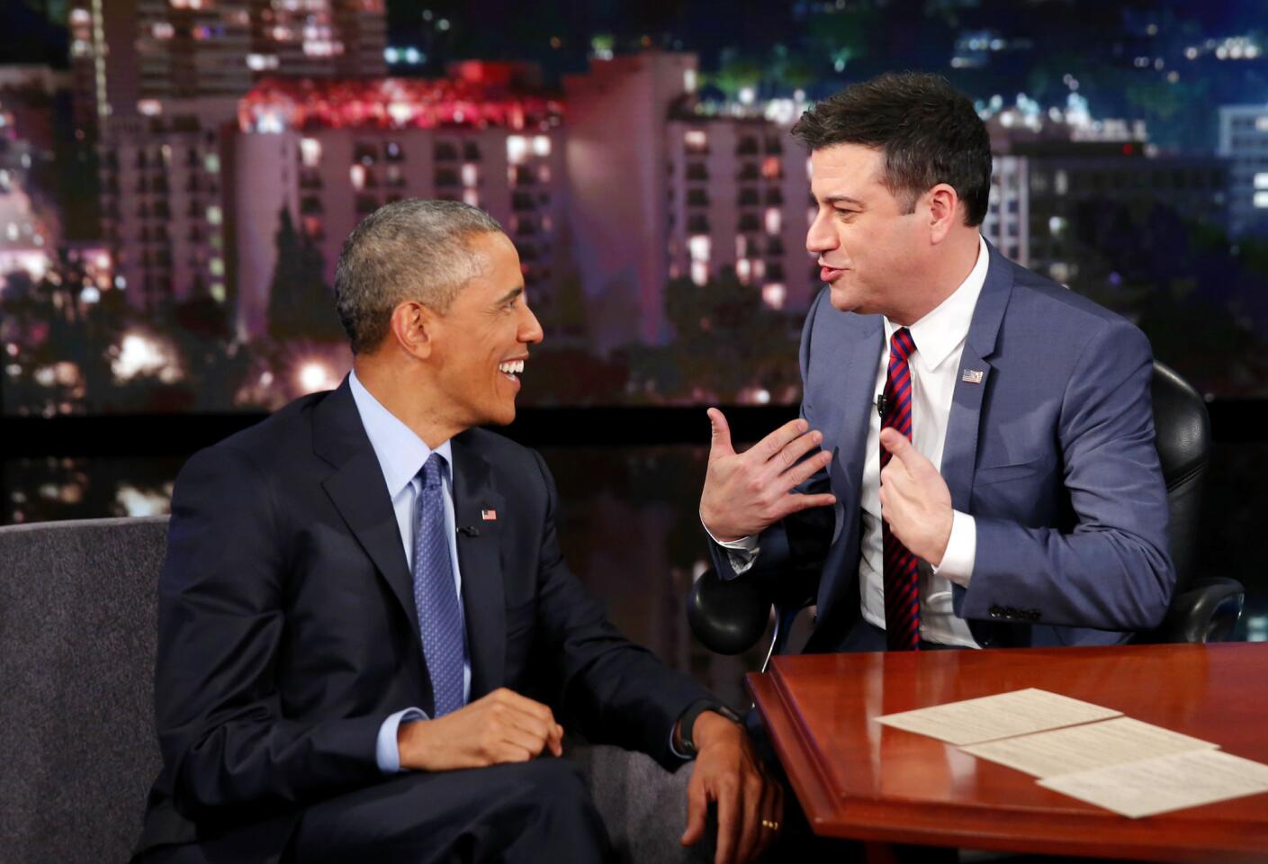 President Obama talks with Jimmy Kimmel during a commercial break at ABC Studios.
