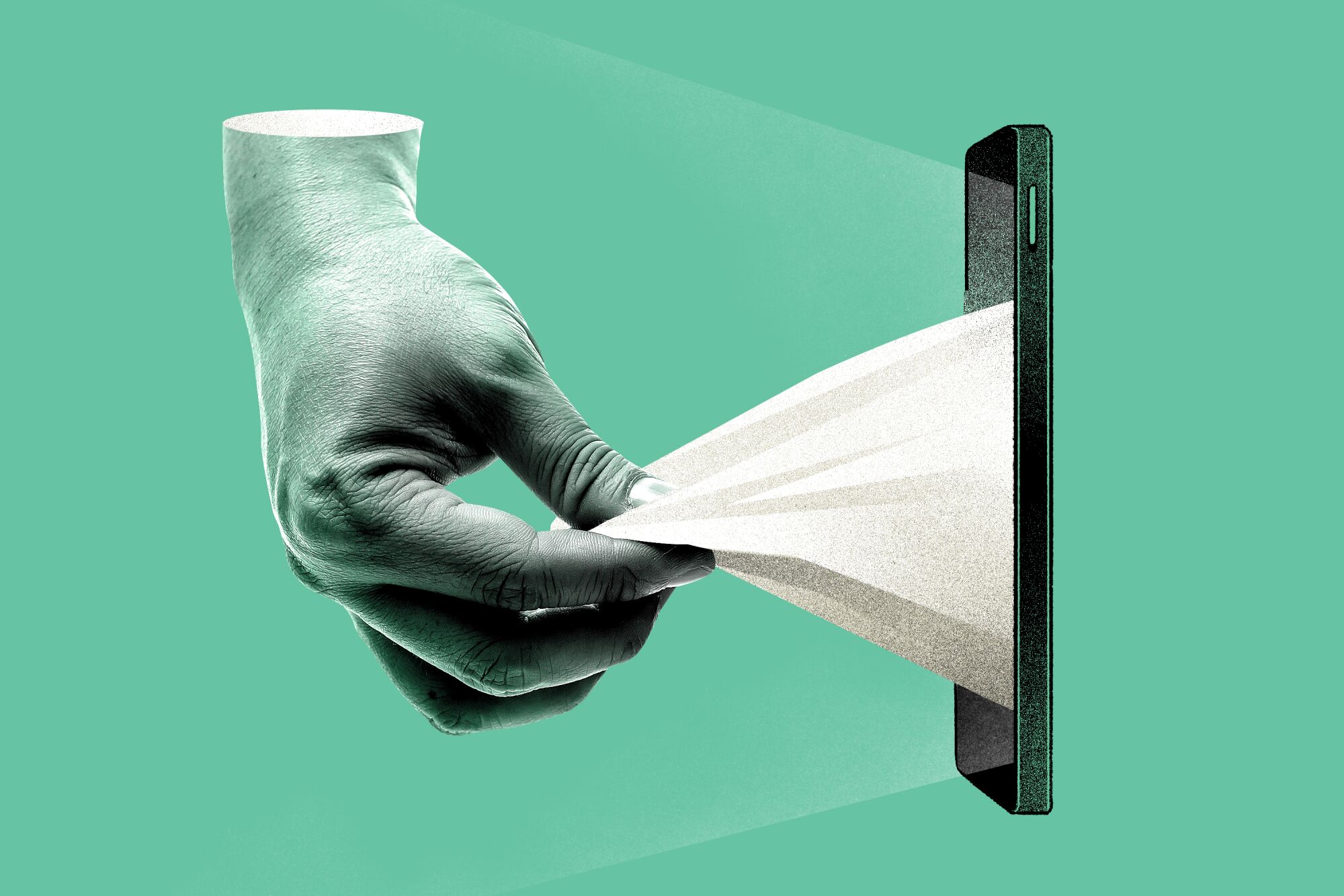 A photo illustration of a hand pulling a pocket liner out from a phone.