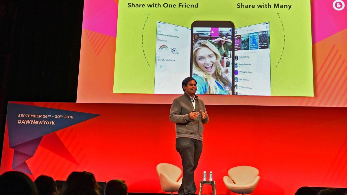 Snap Inc. Chief Strategy Officer Imran Khan speaks on stage during an Advertising Week New York event in September 2016.