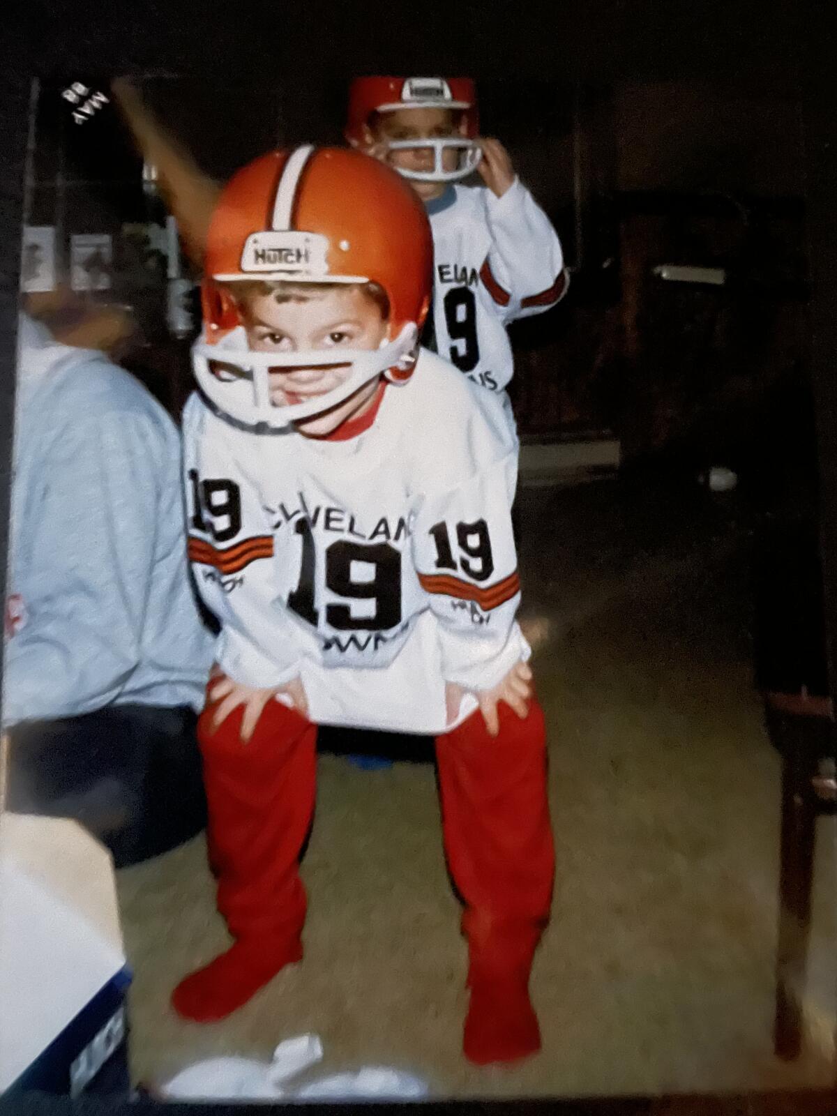 Brandon Staley as a kid, dressed in a Cleveland Browns Bernie Kosar uniform.