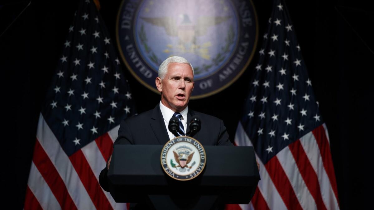 Vice President Mike Pence speaks during an event at the Pentagon on Aug. 9 on the creation of a United States space force.