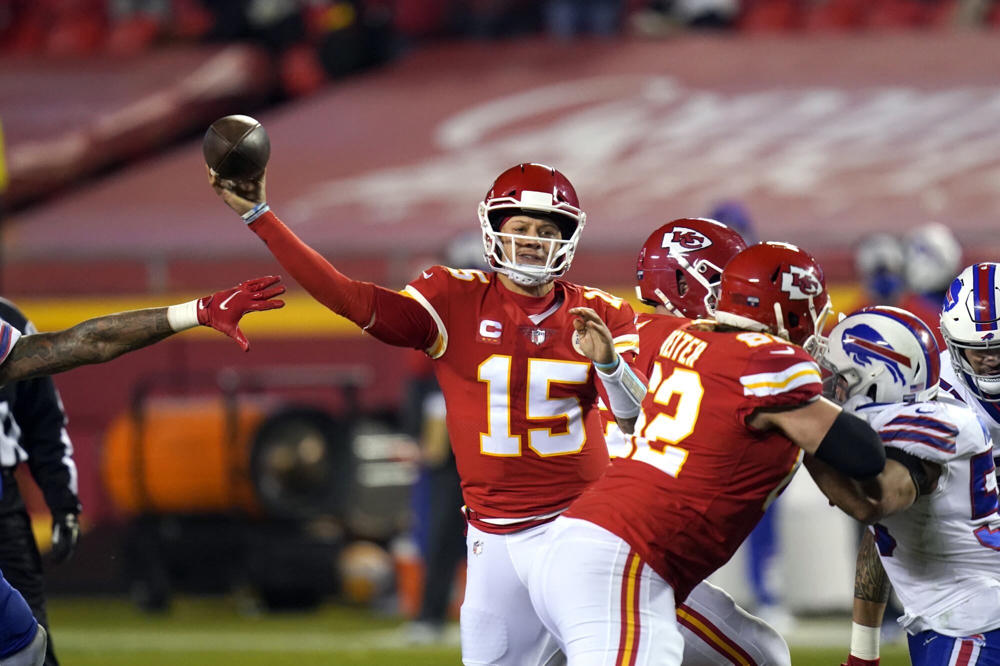 Kansas City Chiefs quarterback Patrick Mahomes throws a pass.