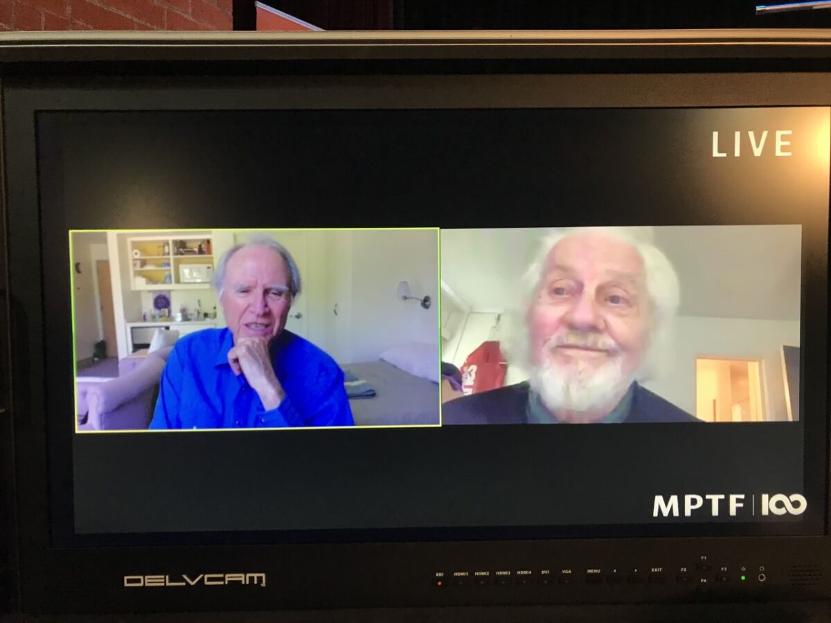 Harry Northup, left, and Brett Hadley talk about acting via Zoom on the Motion Picture and Television Fund Home's Channel 22.